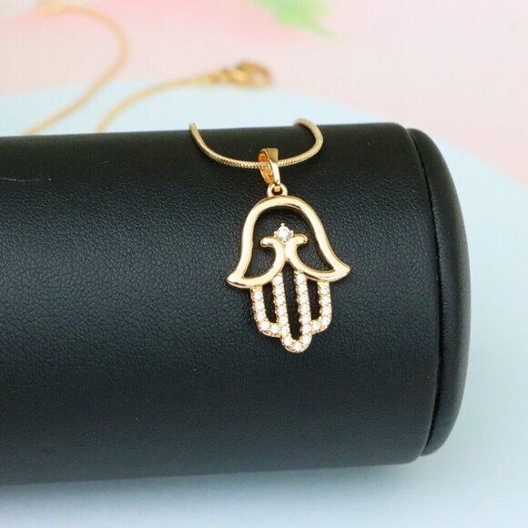 "Rose Gold Hamsa Hand Pendant in Gold Plated Brass with Accents, XPPT1760 - Picture 4 of 13
